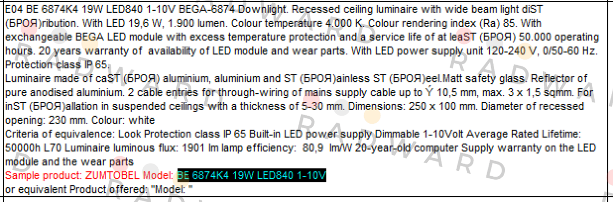 BE 6874K4 19W LED840 1-10V  Zumtobel