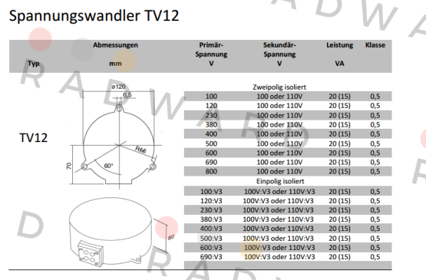 TV12, 690/100V Kl.0,5 20VA  Revalco